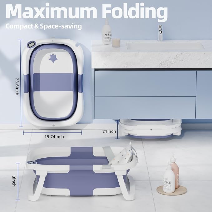 Collapsible Baby Bathtub with Thermometer, 0-36 Months, Blue | Real-time thermometer, quick drain plug, double-fold storage, PP+TPE tub, portable for home and travel