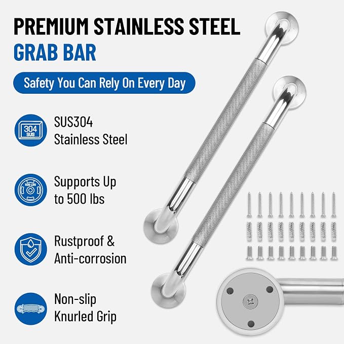 MrHAND Stainless Steel Grab Bars for Shower,16 Inch 2 Pack,Anti-Slip Grip | Knurled Mirror Finish,Wall Mounted Shower Grab Bars,Safety Hand Rail for Small Bathroom & Toilet,Rustproof & Heavy Duty