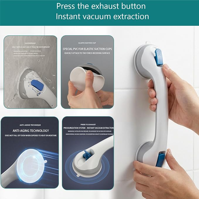 Grab Bars for Bathtubs and Showers, Suction Cup Shower Handle, Removable No Drill Bathroom Safety Assist Grip, Tool Free Install for Seniors and Adults, Shower, Tub, Toilet, RV, 1 Pack