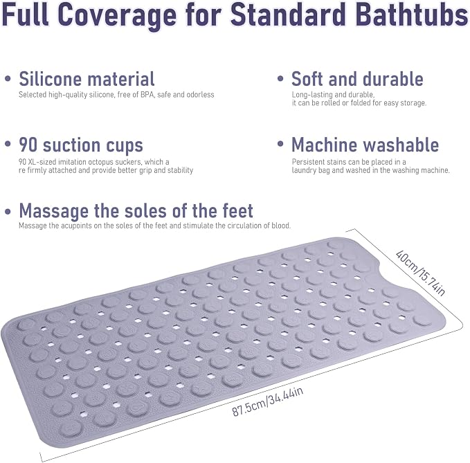 Silicone Non-Slip Bath Mat for Tub & Shower, 35x16 Inch - Acupressure Grip, Quick-Dry with Suction Cups & Drain Holes, Safe for Kids & Elderly, Machine Washable (Purple)
