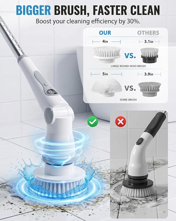 Electric Spin Scrubber, Cordless Shower Scrubber with 8 Replaceable Brush Heads, Adjustable Long Handle Bathroom Scrubber, 3 Speeds LED Display, IPX7 Waterproof Cleaning Brush for Bathtub Tile Floor