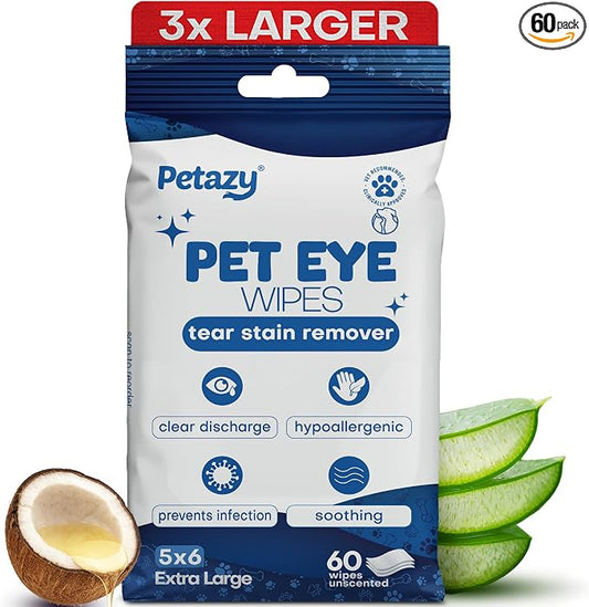 Petazy Tear Stain Remover Wipes for Dogs and Cats - Extra Large 5 x 6 in Hypoallergenic Pet Eye and Face Wipes for Discharge and Crust, Unscented, 50 Count