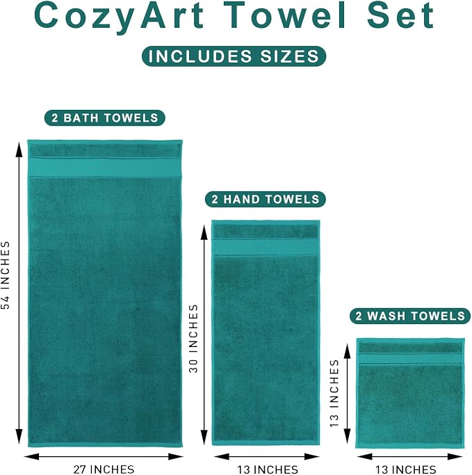 COZYART Turquoise Bath Towel Set 6 Piece, 100% Zero Twist Ring Spun Turkish Cotton 650GSM, Ultra Soft Absorbent Fast Dry Hotel Quality Bathroom Towels