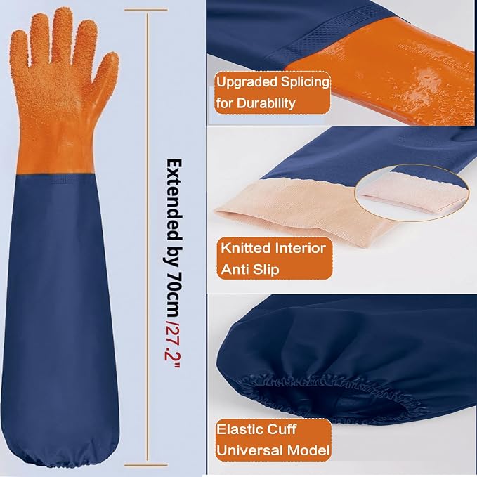 YOFANG Pet Grooming Washing Gloves,27.2" Extra Long Waterproof Rubber Bathing Gloves for Dogs & Cats,Anti-Bite & Anti-Scratch Hair Removal Cat Bath Gloves with 3000+ Massage Particles,Orange/Dark Blue