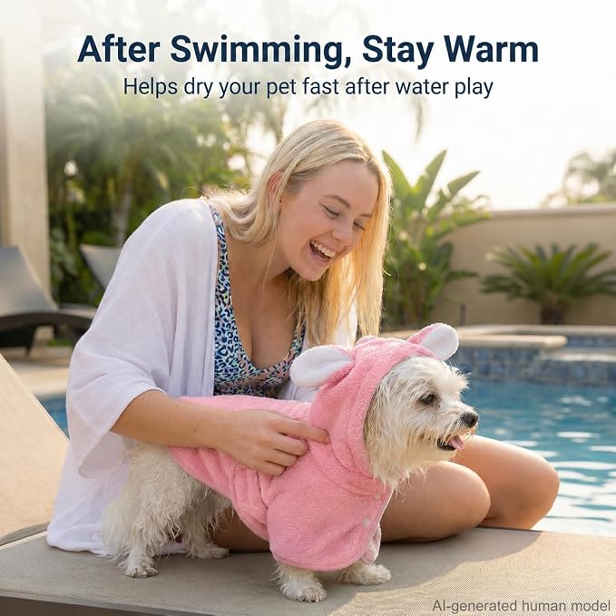 Dog Bathrobe Super Absorbent Towel for Small Dogs Cats Fast Drying Dog Robe Coat with Hood Puppy Cat Bath Towel Wrap Pet Grooming Supplies After Shower (Deep Pink,XS)