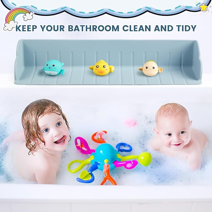 2Pack Bathtub Splash Guard for Tub, Silicone Bathtub Caddy Tray with Play Shelf, Kids Bath Tub Shelf and Organizer for Baby Bath Toys, Bath Toy Holder, Toddler Bathtub Accessories(Classic Blue)