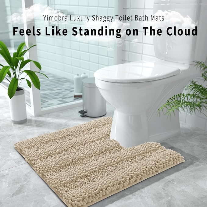 Yimobra Toilet Rugs U Shaped Washable 24 x 20, Non Slip and Super Absorbent Toilet Mat, Quick Dry, Ultra Luxury Microfiber Chenille Plush Fluffy Contour Bath Rugs for Toilet Base, Camel