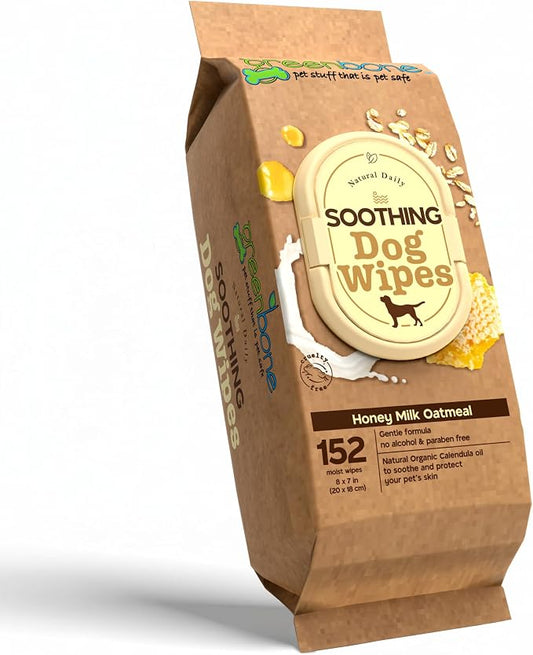 Greenbone Dog Wipes Natural and Safe for Grooming Paws, Body and Butt Cleaning Deodorizing Honey Milk Oatmeal 150 Wipes