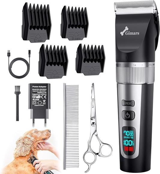 Gimars Professional 7000rpm Low Noise 55db Cordless Rechargeable Dog Clippers, 3.0 Motor Powerful Dog Long Hair Trimmer Grooming Shaver Kit, Home Electric Pet Hair Clippers for Cat, Horse