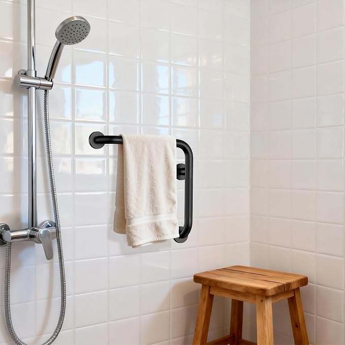 16 Inch Angled Grab Bar, iHansee Anti Slip L-Shaped Shower Grab Bar w/ 16 Inch Straight Bathroom Balance Bar, Knurled Stainless Steel Safety Handle for Seniors Elderly Injury Handicap, Matte Black