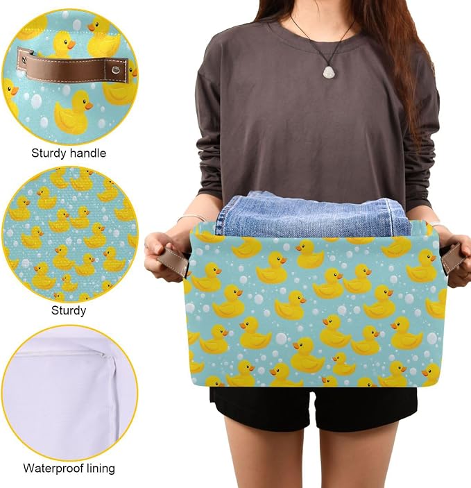 Wamika Yellow Duck Cute Storage Basket Fabric Bathroom Baskets Blue Bath Bubble Open Home Storage Bins Boxes Foldable Organizer Bag for Baby Cloth Pet Toy Book Shelf Closet Baskets 16×12×8 Inches