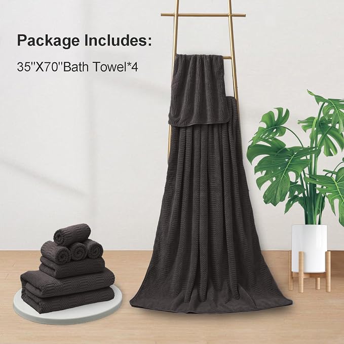 Ferdilan 4 Piece Oversized Bath Towels Set 35x70 Inches, Black Brown Extra Large Soft Bath Sheet Chair Towels 600 GSM Highly Absorbent Quick Dry Towels Set for Bathroom Hotel Spa…