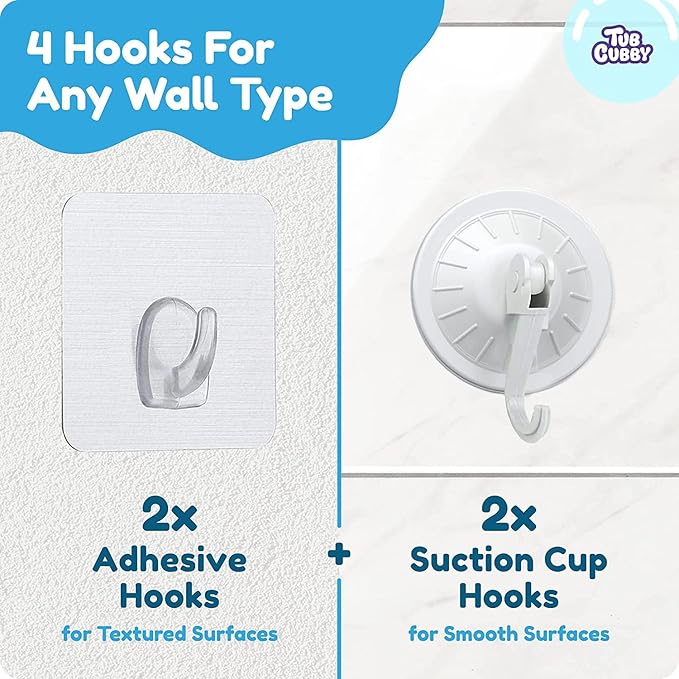 Hanging Bathtub Toy Holder And Shower Caddy - Large 14 X 20 inch, Multi use net Bag with 2 Suction and 2 Adhesive Hooks, Quick Dry, Bedroom - Car Toy Organizer.