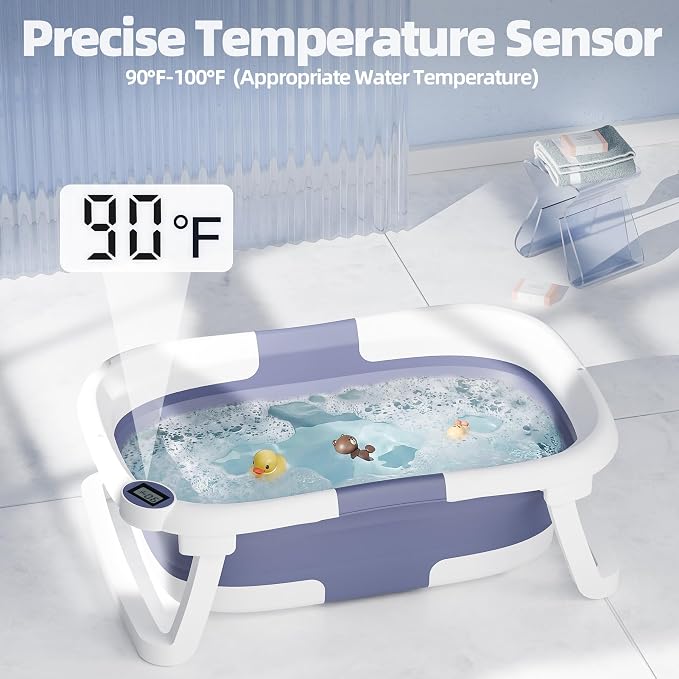 Collapsible Baby Bathtub with Thermometer, 0-36 Months, Blue | Real-time thermometer, quick drain plug, double-fold storage, PP+TPE tub, portable for home and travel