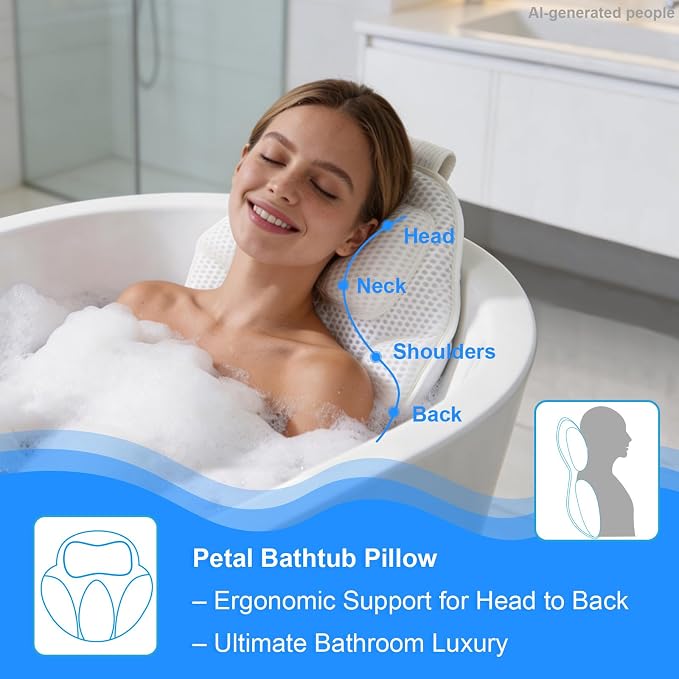 Extra Thick Petal-Shaped Bath Pillow for Head, Neck and Backrest, Extra Thick, Polyester, White, Anti-Slip Suction Cups, Washable, Luxury Spa Bathroom Accessories (Standard Store Size)