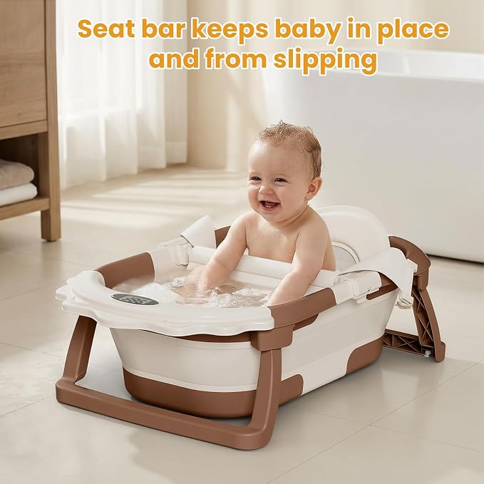 TPN Collapsible Baby Bathtub for Infants to Toddler with Real-time Temp Monitor+Floating Cushion 1 (Brown, Little Lion)