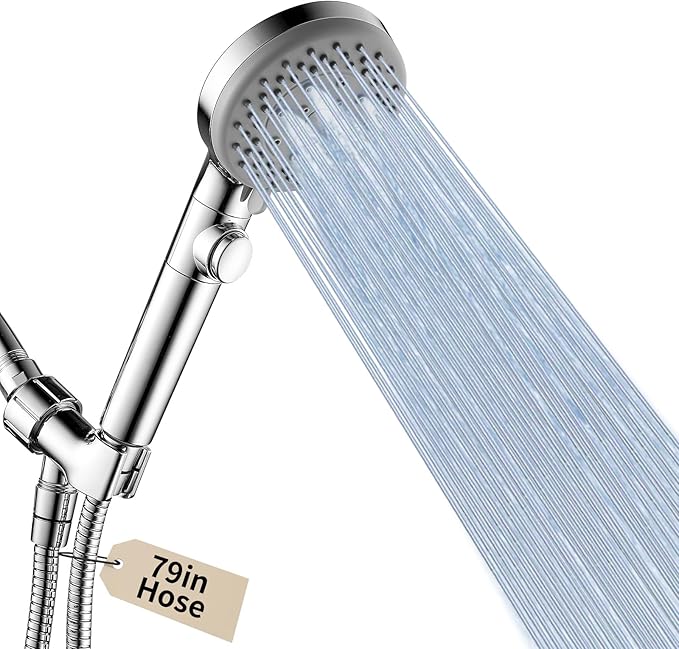 Handheld Shower Head with 79" Extra Long Hose 7 Modes High Pressure Shower Head with On Off Switch Button and Powerful Wash Modes for Pets Bath, Chrome
