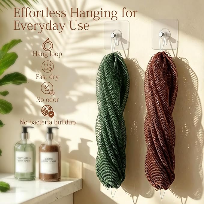 SheeChung African Net Sponge Authentic, Long Exfoliating Wash Cloths Shower Loofah Bath Sponge, 2 Pack Body & Back Scrubber for Women and Men (Dark Green & Brown)