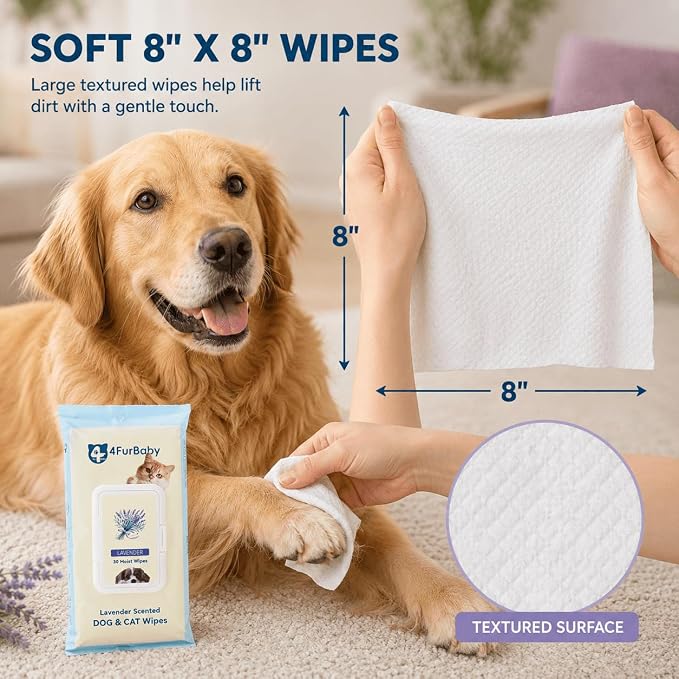 Dog Wipes for Paws and Butt, Lavender, 30 Count | 8" x 8" hypoallergenic and hydrating pet grooming wipes for dogs, cats, and daily care.