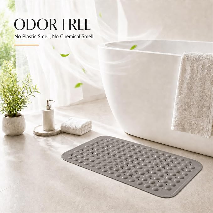 Bathtub Mat Non Slip, Odor-Free TPE with Suction Cups, Grey,27.5’’ x 16’’ | Soft shower bath mat with quick-drain holes and machine-washable care for clean, smooth tub surfaces; light and easy to lift.