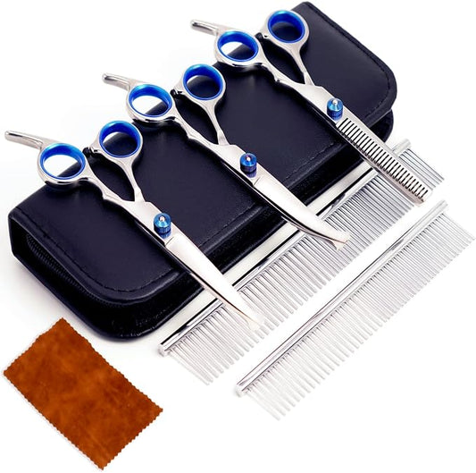 MEDUWEDU 7 in 1 Dog Grooming Scissors Set with Safety Round Head, Sharp and Durable, with Two Stainless Steel Combs, Pet Grooming Scissors for Cats and Dogs
