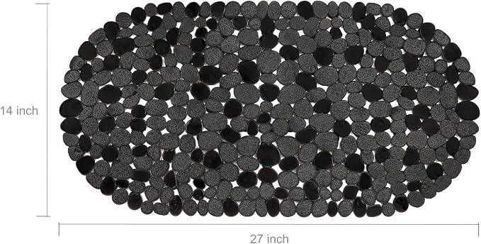 WELTRXE Pebbles Bath Mat for Tub Black Non-Slip Bathtub Mat with Suction Cups, Drain Holes for Bathroom Showers, Tub, Machine Washable, BPA, Latex Free Oval Shower Mats Bath Tub mat, 27 x 14 Inch