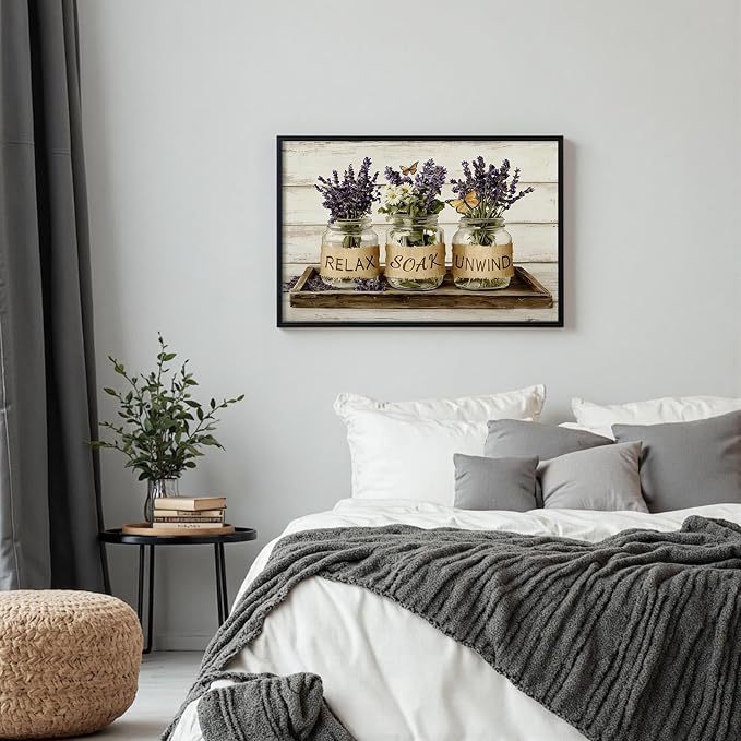 Relax Soak Unwind Lavender Bathroom Wall Art Farmhouse Mason Jar Floral Poster Rustic Spa Wall Decor with Butterflies Aesthetic Print for Powder Room Apartment 20X30 in Wrapped Framed