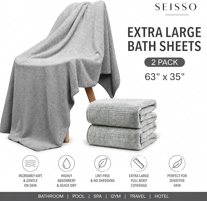 SEISSO 4 Pack Extra Large Bath Towels 63"x35", Bath Sheets for Sensitive Skin 70% Polyester 30% Viscose Fiber from Bamboo, Super Soft, Highly Absorbent & Quick Dry, Oversized (4, Light Grey)