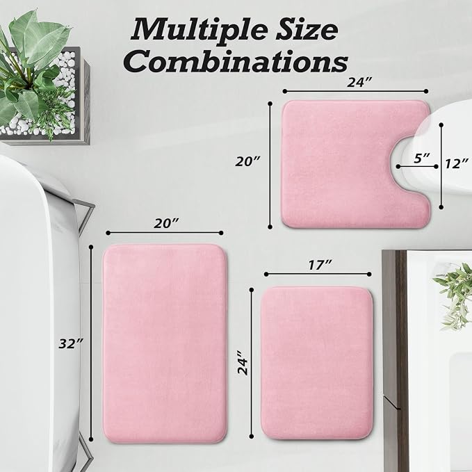 HUXMEYSON Bathroom Rugs Sets 3 Piece, Non-Slip & Quick Dry Bath Mat Set, Ultra Soft Velvet Bath Rugs for Bathroom, Toilet and Shower Floor, Rose Pink