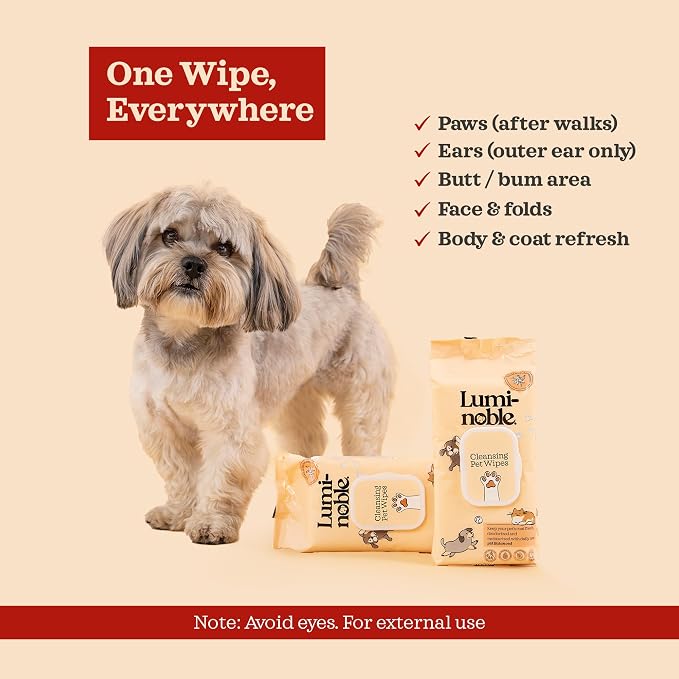 LUMI-NOBLE. Pet Wipes for Dogs & Cats - 400 Ct (4x100) Hypoallergenic Grooming Wipe, Oatmeal & Vanilla Scent, Dog Wipes Cleaning deodorizing for Paws, Ears, Butt & Body, Vegan, Sensitive Skin Safe