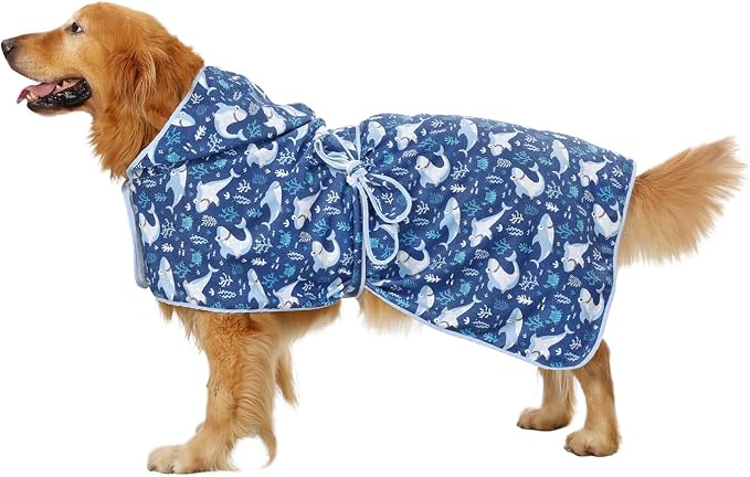 HDE Dog Bathrobe Super Absorbent Quick Drying Puppy Towel Wrap Coat Adjustable After Bath Robes with Hood for Dog Sizes S-XXL Sharks XXL