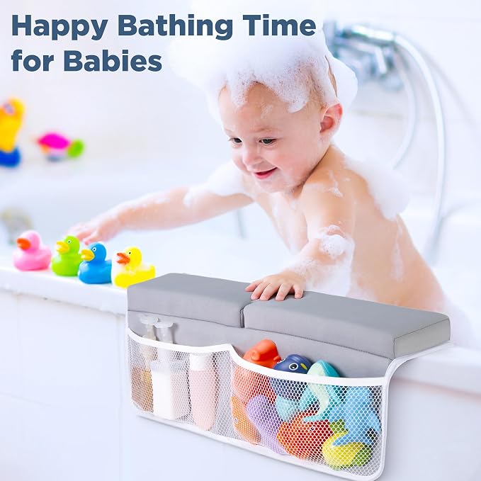 beiens Bath Kneeler and Elbow Rest Pad Set - 1.5'' Comfortable Baby Bath Kneeler Pads, Thick Quick Dry Kneeling Pad Support for Knee& Arm, Large Bathtub Mat with Toy Organizer for Happy Baby Bath Time