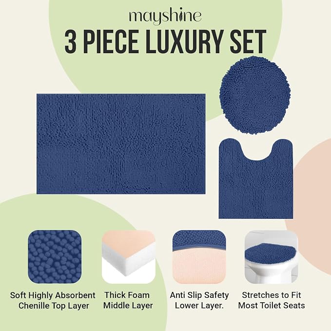 Standard 3pc Set Chenille Bath Mats, Includes 21"x24" U-Shaped Contour Toilet Rug, 21"x34" Inches Bathmat and 1 Toilet Lid Cover, Plush Absorbent Bath Mats Quick Dry, Dark Blue