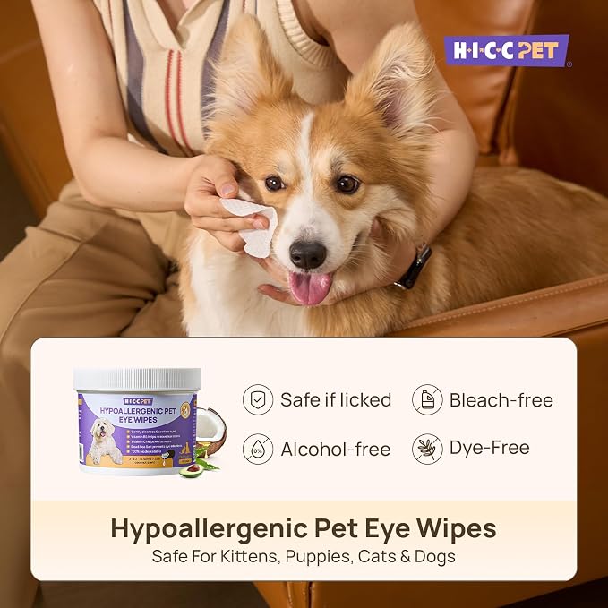 HICC PET Pet Face & Eye Area Wipes for Dogs & Cats, Gentle Wipes for Routine External Cleaning Around Eyes, Face Folds & Wrinkles, Helps Clean Everyday Tear Residue, 200 Count