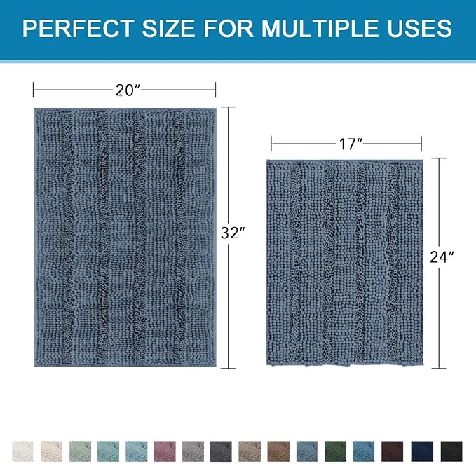 H.VERSAILTEX Bathroom Rug Sets 2 Piece Bath Mats Non Slip Thick Soft Chenille Striped Bath Rug achine Washable Shower Floor Rugs for Tub, Shower and Floor (Blue Indigo, 20" x 32"/17" x 24")