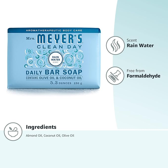 Mrs. MEYER'S CLEAN DAY Bar Soap, Use as Body Wash or Hand Soap, Made with Essential Oils, Rain Water, 5.3 oz, 1 Bar (Pack of 12)