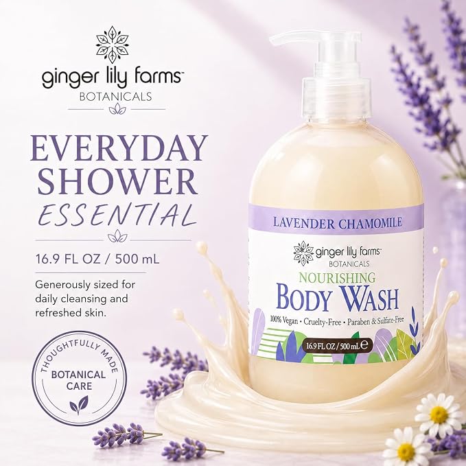 Ginger Lily Farms Botanicals Nourishing Body Wash, 100% Vegan & Cruelty-Free, Lavender Chamomile Scent, 16.9 Fl Oz (Pack of 6)