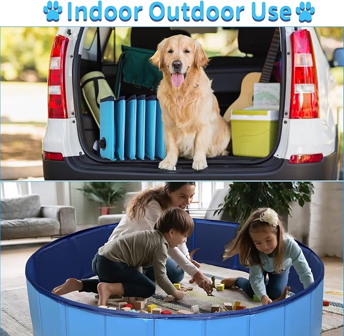 63" Foldable Dog Pool,63 x 12Inches Hard Plastic Collapsible Pet Bath Tub & Wading Pool or Dogs and Cats for Indoor/Outdoor Use Swimming Pool, Blue