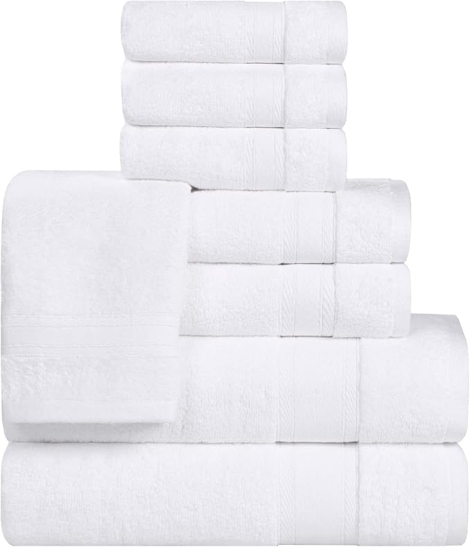 Superior Belmont Zero Twist Cotton Medium Weight Towels, for Guest Bath, Bathroom, Shower, Spa, Plush, Quick Dry, Ultra-Soft Towels, Bath Essentials, Thick Border, 8 Piece Assorted Towel Set, White