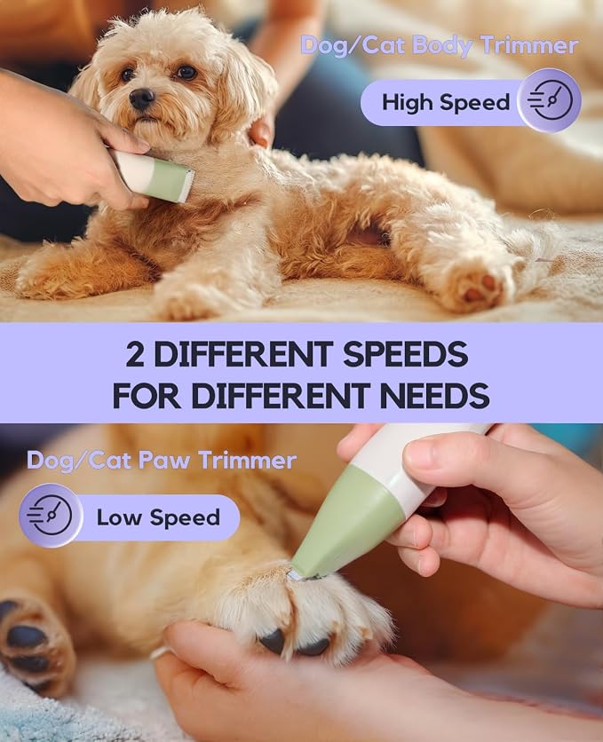 4 in 1 Rechargeable Dog Clippers Grooming Kit with 2 Speeds and Low Noise | Quiet Cordless Dog Hair Trimmer for Paw Nail Grinder, Cat Grooming Clippers for Trimming Hair on Paw Eye Ear Face (Green)