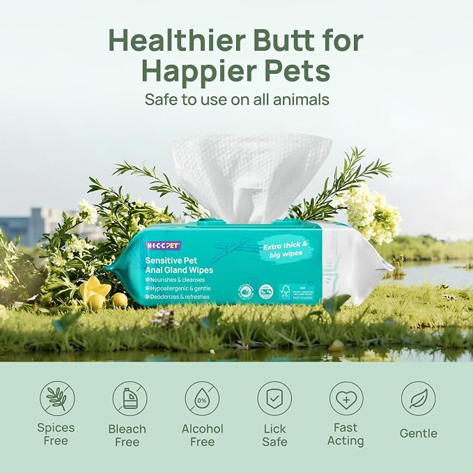 HICC PET Wipes for Dogs & Cats, Cleaning Deodorizing Anal Gland Wipes, Hypoallergenic Hydrating & Nourish Fur Dog Grooming Wipes for Paw, Butt, Body