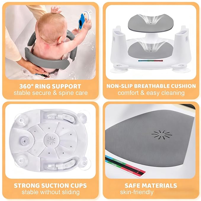 Baby Bath Seat for Babies 6 Months & Up Sitting Up,Infant Bath Seat with Temperature Alert+Open Backrest+on/Off Armrest,Toddler Bath seat Baby Bath Chair for Bathtub,Tub,Sink Grey