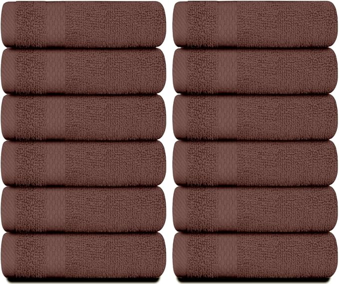White Classic Luxury Cotton Washcloths 13x13 Inch - 650 GSM Turkish Cotton | Hotel, Spa, Bathroom Face Towel | 12 Pack, Brown
