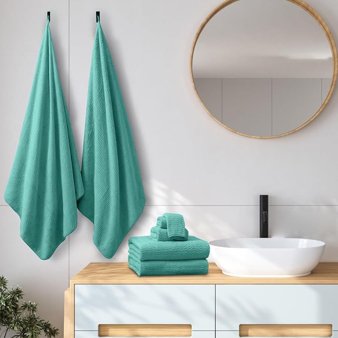 Bath Towel Set of 4, Extra Large Towels Oversized 35x70 Inch Shower Bathroom Towels Highly Absorbent Quick Dry Towel Textured Soft Bath Sheet Towels Set for Bathroom Hotel SPA Camping (Sea Blue)