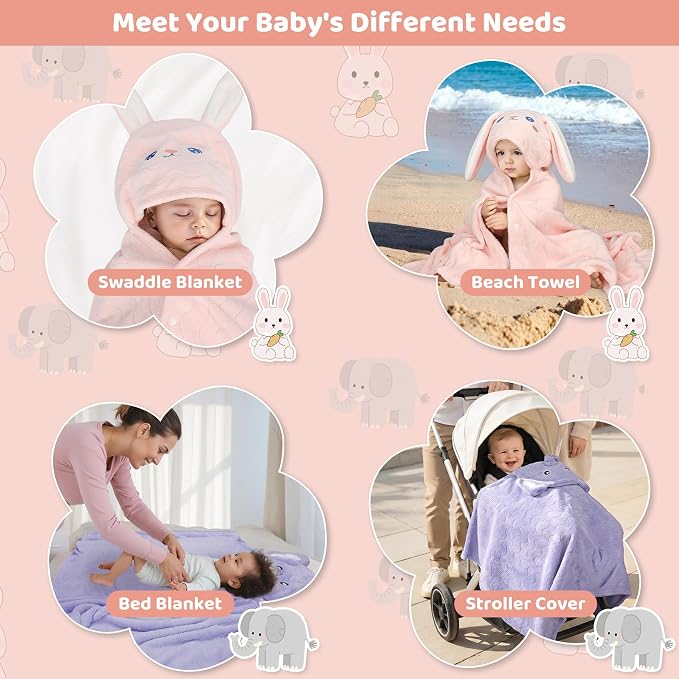 6 PCS Toddler Towels Set for Boy Girl 0-5 Year, 2 PCS Absorbent Hooded Baby Bath Towels Large 55" x 27.5" & 4 PCS Washcloths, Ultra Soft Toddler Newborn Bath Essentials Gifts, Rabbit & Elephant