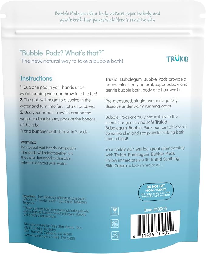 TruKid Bubble Podz Bubble Bath for Kids, Toddlers, & Babies, Tear Free Gentle & Refreshing Bath Bomb for Sensitive Skin with Natural Moisturizers, Non-Toxic, pH Balanced, Bubble Gum Scent (60 Podz)