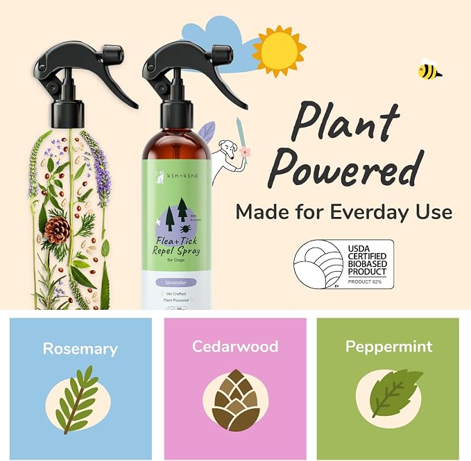 kin+kind Natural Flea and Tick Prevention for Dogs – Non-Greasy Coat Spray, Vet-Formulated, Lavender, 12 fl oz