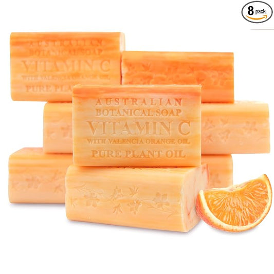 Australian Botanical Soap, 6.6 OZ, Vitamin C and Valencia Orange, Triple Milled Bars made with a Natural Soap Base and Enriched with Organic Shea Butter, Pack of 8
