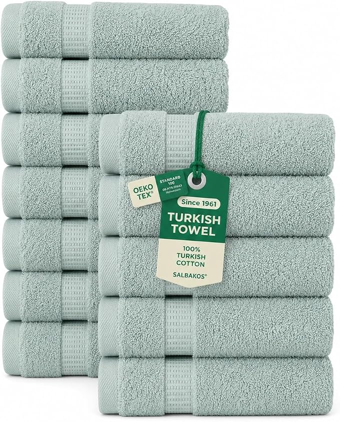 SALBAKOS 100% Turkish Cotton Washcloth Set of 12 13x13 inch | Heirloom Quality | Hotel & Spa Collection | Ultra Soft, Super Absorbent, Washcloth Towels | Made in Turkey (Seafoam Green, 12 Washcloths)