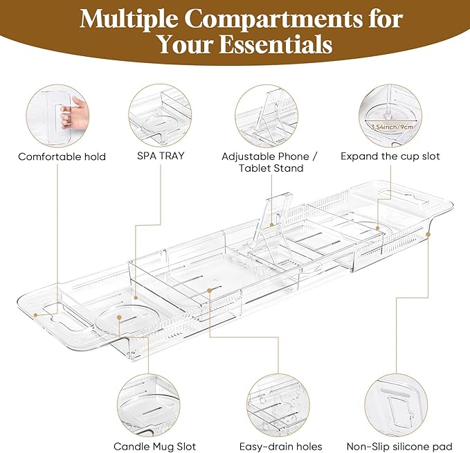 Expandable Clear Acrylic Bathtub Tray Caddy, Foldable Tub Bath Tray with Drain Slots, Slip-Resistant Waterproof Bathroom Shelf Caddy & Home Spa Gift for Women